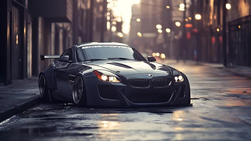 Midnight-tuned BMW resting on a rain-washed city street.
