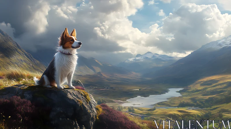 Collie on rocky ridge overlooking luminous valley landscape.