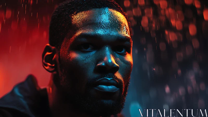 Moody neon portrait captures determination in the falling rain