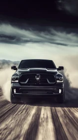 Front-facing black pickup truck kicking dust on desert track