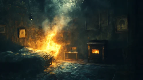 Room engulfed in flames with fireplace burning intensely.