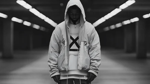 Hooded figure stands in monochrome urban tunnel light.