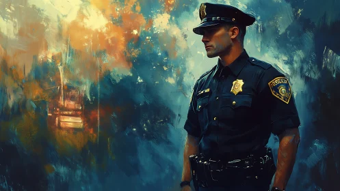 Police officer in uniform before abstract urban backdrop.