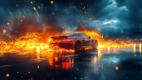 Sports Car Engulfed Flames Against Stormy Sky.