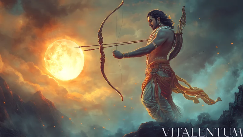 Moon-bending archer god draws a flaming celestial arrow.