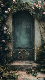 Weathered blue door framed by roses and creeping vines.