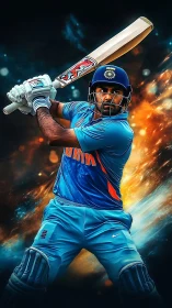 Cricketer in blue uniform playing attacking batting shot.