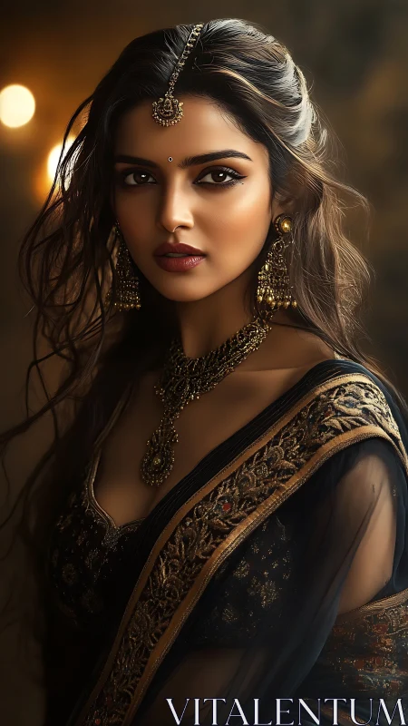 Embers of royalty in a jeweled saree and molten shadows.
