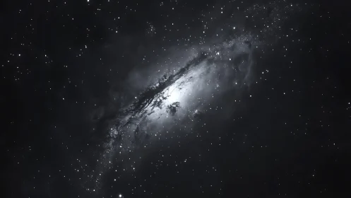 Monochrome spiral galaxy glows softly in a silent starfield