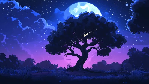 Moonlit tree glows softly under a calm, starry twilight sky