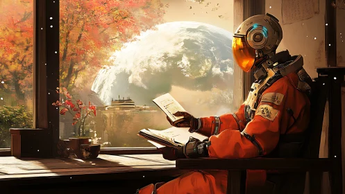 Contemplative astronaut reading by panoramic exoplanet window.
