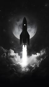 Monochrome rocket launch silhouetted against full moon.