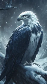 Snow-covered eagle stands on frozen branch in winter storm