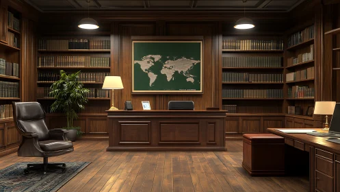 Wood-paneled executive library office with central desk.