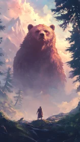 Colossal spirit bear looming above lone mountain wanderer.