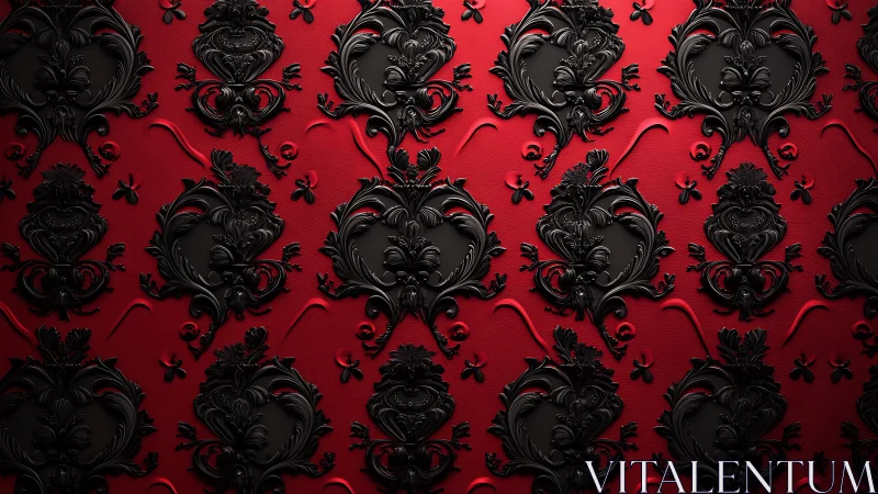 Baroque black damask forms cast deep relief over red field
