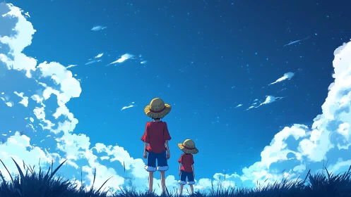 Two straw hat kids under expansive blue sky at dusk.
