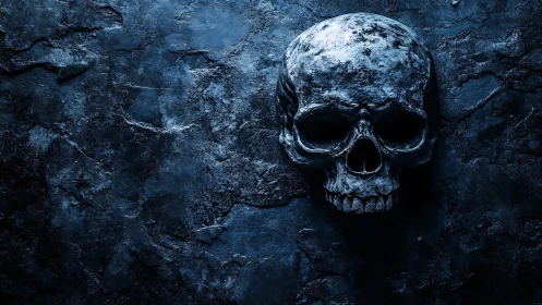 Weathered metallic skull mounted on rough blue stone wall
