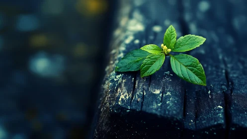 Single green sprout on dark weathered wooden surface.