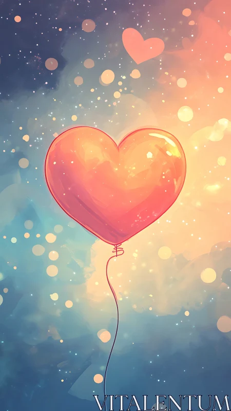 Heart-shaped balloon suspended against gradient atmospheric backdrop.
