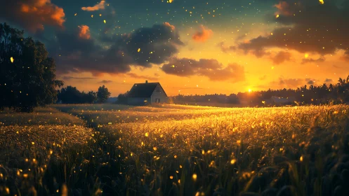Golden wheat field sunset with distant farmhouse glow.