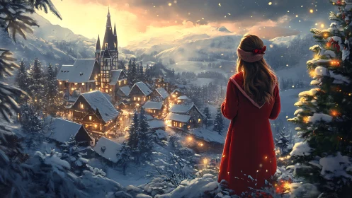 Woman observing illuminated snow-covered village at dusk.