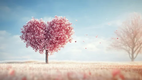 Heart-shaped tree blooms pink across misty meadow.