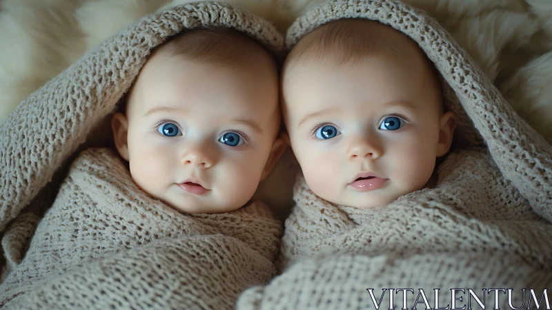 Twin Neonates Swaddled in Cream Knit Textile Matrix.