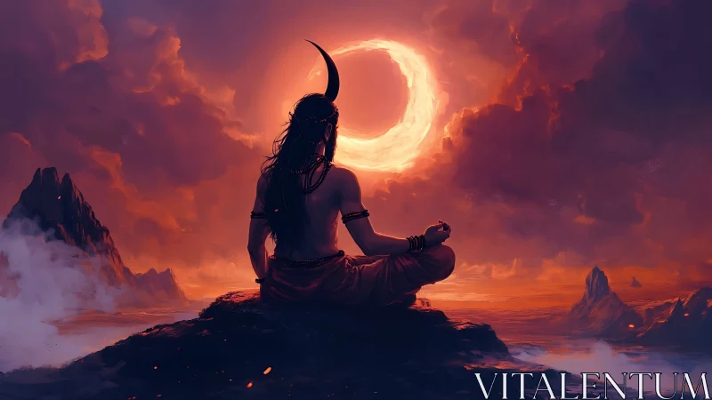 Meditating ascetic contemplates a burning eclipse sky