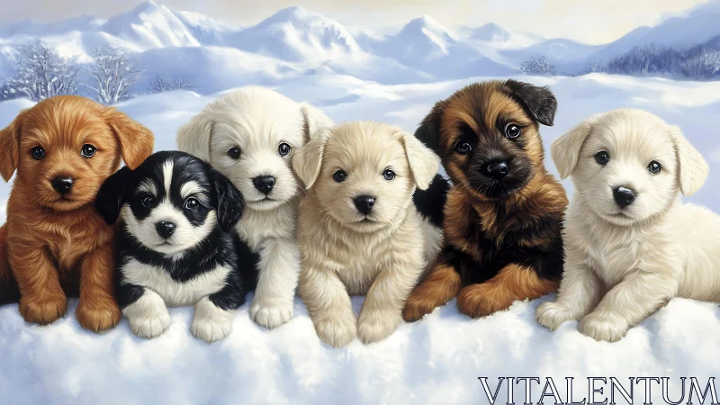 Snowy cuddle line of curious winter puppies at play.