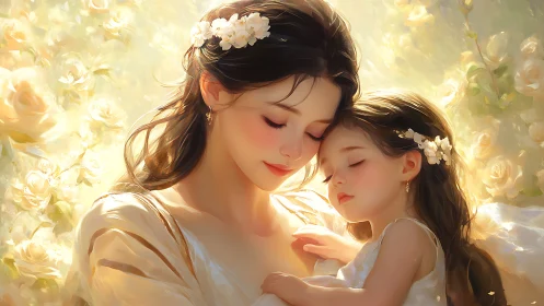 Mother and Child Portrait: Golden Luminescence with Floral Accents.