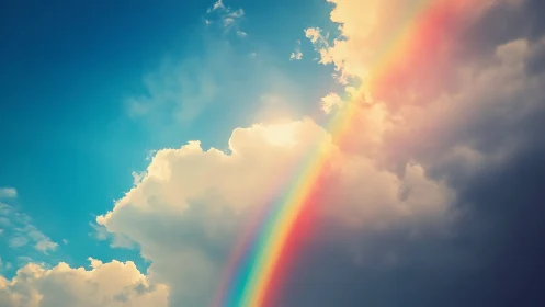 Sunlit rainbow slicing through bright cumulus clouds.