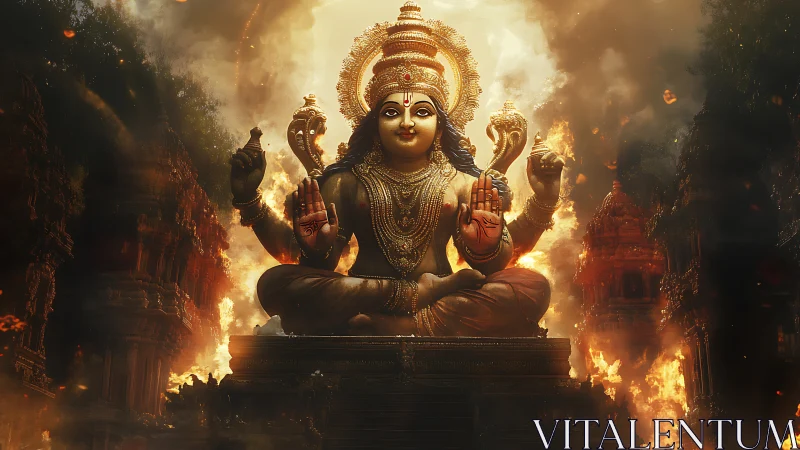 Digital rendering shows seated multi-armed deity amid flames