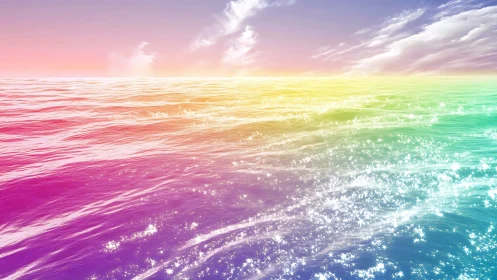 Prismatic ocean horizon under radiant pastel skyscape.