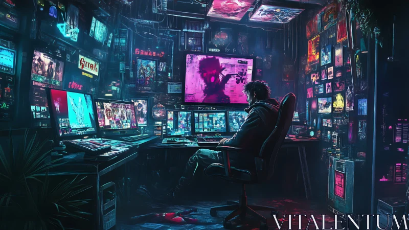 Neon hacker adrift in a glowing storm of fractured screens.