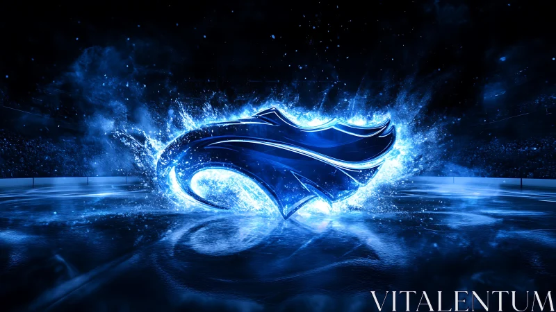Blue neon hawk emblem explodes over icy arena floor