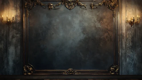 Empty baroque frame waits in moody candlelit ballroom.