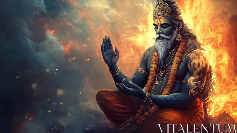 Divine blue sage in meditative firelit cosmic environment.