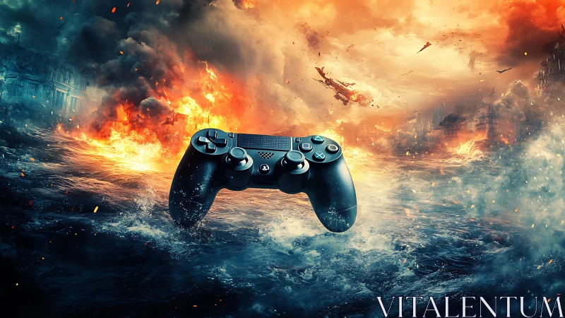 Floating game controller anchors cinematic battlefield seascape