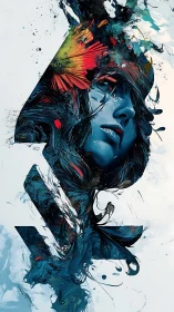 Surreal blue portrait with floral fracturing and fluid abstraction