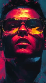 Bold neon portrait of a reflective dreamer in warm light.