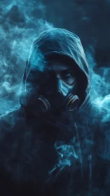 Hooded gas mask figure stands in dense blue toxic smoke