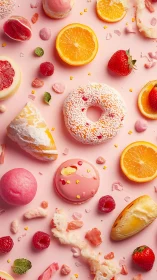 Candy glazed donut and citrus pastries on pastel backdrop.
