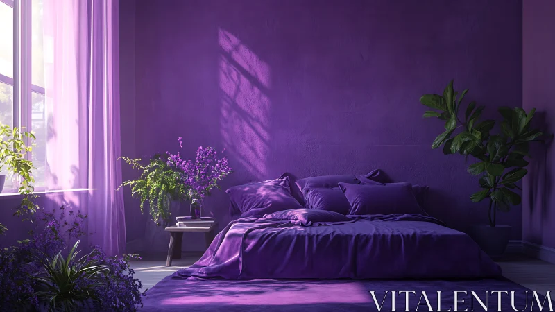 Lavender bedroom glows in soft morning light and shadows.