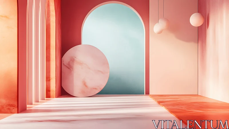 Geometric interior scene shows arches, circle and soft light