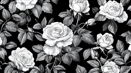 Monochrome Roses with Foliage on Black Background.