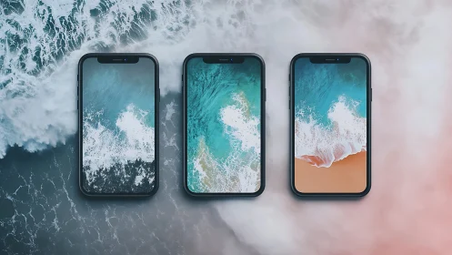 Three smartphones aligned over aerial ocean wave imagery.