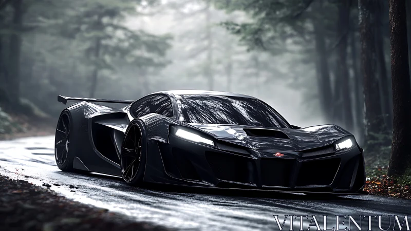 Black futuristic supercar on wet forest road in mist.