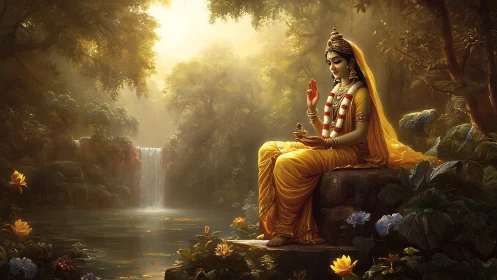 Seated robed figure by forest waterfall with ritual vessel.