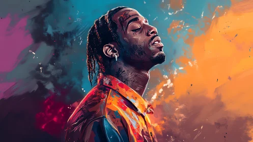 Vibrant digital portrait of contemplative man in mixed hues